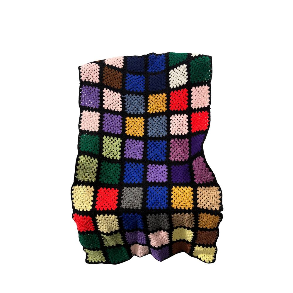 Vintage Granny Square Crochet Blanket Multicolor Throw 66x38 Boho Retro Afghan